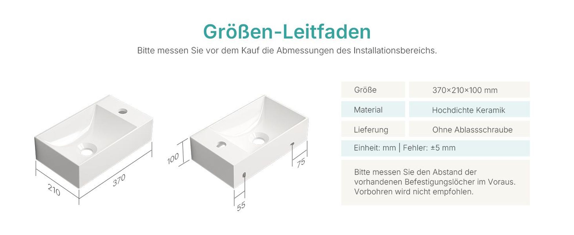 EMKE Waschbecken wandhänged Keramik Rechteckig 380x220mm Weiß Glänzend Platzsparendes Handwaschbecken für Gäste-WC & kleines Bad
