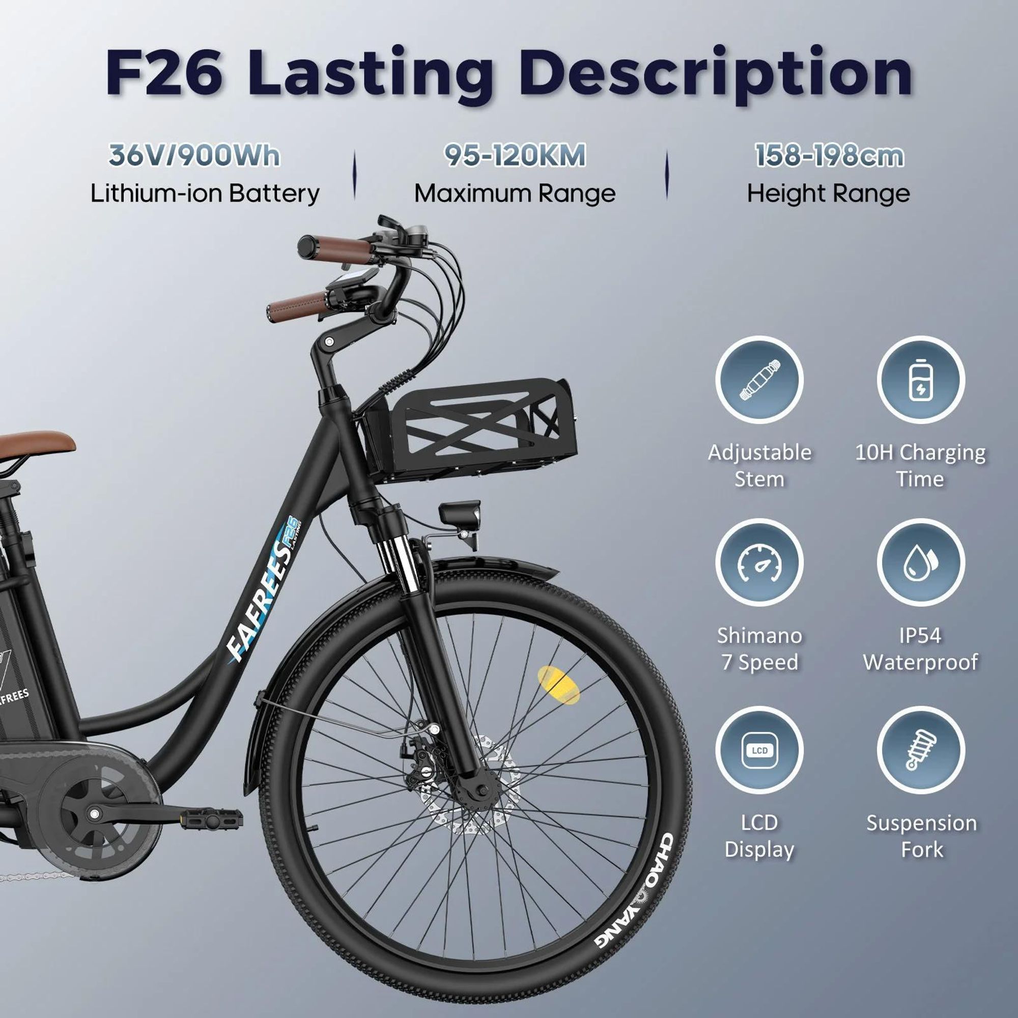 Bicicletta Elettrica FAFREES F26 Lasting - Motore 250W Batteria 36V25Ah 26x1.95 Pollici Pneumatici Freni a Disco Meccanici - Nero