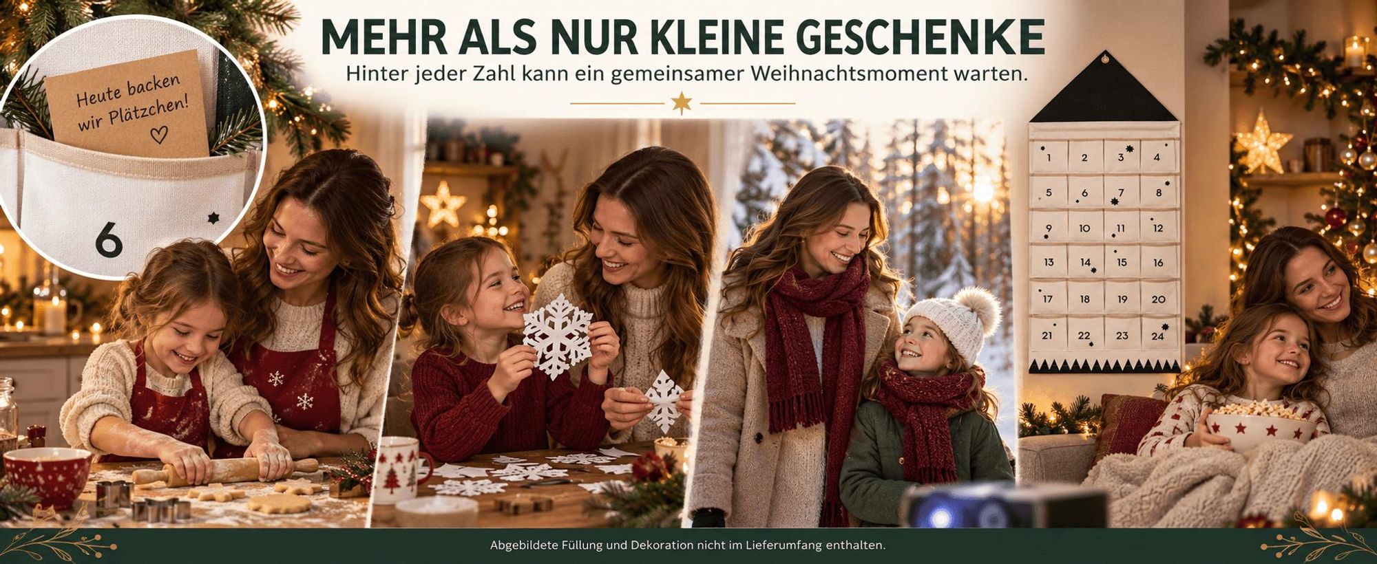 Adventskalender zum Aufhängen, 24 Taschen Stoff, befüllbar, Weihnachtsdeko, wiederverwendbar