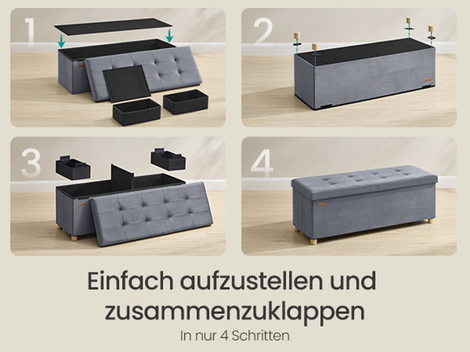 SONGMICS Sitzbank mit Stauraum, Hocker faltbar, 38 x 110 x 40 cm, Aufbewahrungsbox mit Deckel, Fußhocker 112 L, Samt, bis 300 kg belastbar