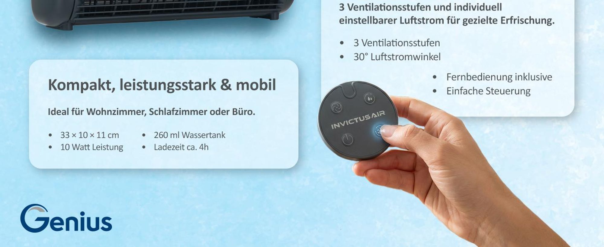 Genius INVICTUS AIR AC5 Luftkühler kabellos, mit Wasserkühlung & Halbleiter-Kühlplatte, Fernbedienung, 3 Stufen, 260 ml Wassertank, bis zu 8 Std.