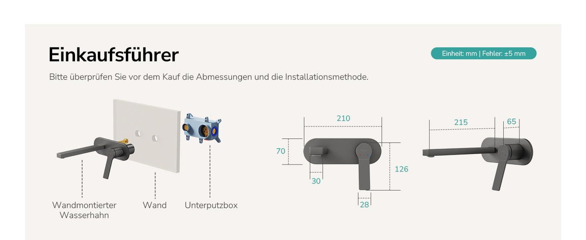 EMKE Wasserhahn Badarmatur 288x210x70mm Einhebel Mischbatterie, Warm und Kalt Waschbecken Armatur, Wandmontiert Waschtischarmatur - Anthrazit Matt