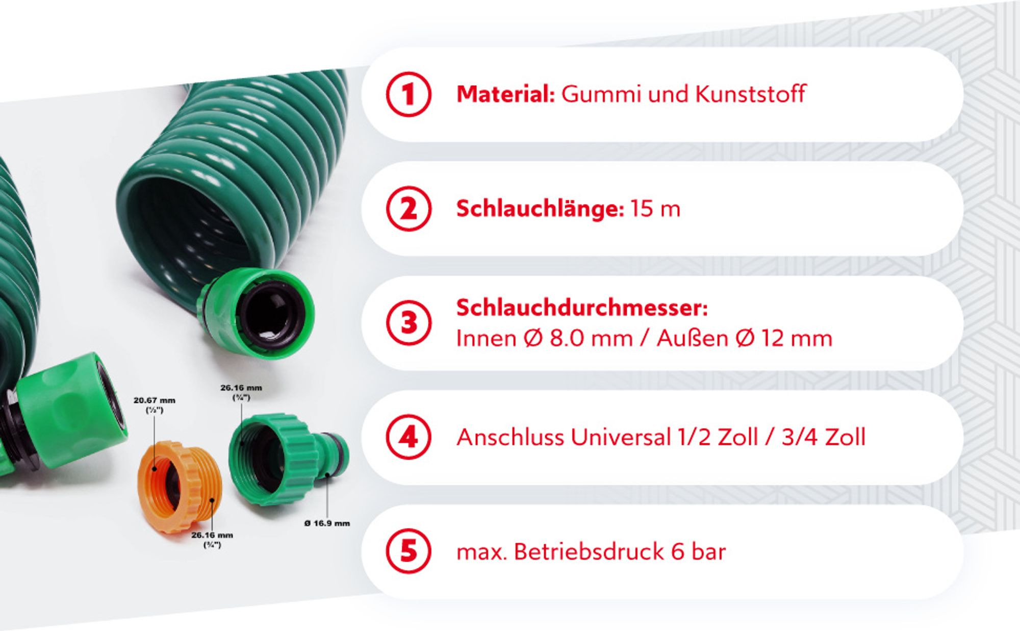 Wiltec Gartenschlauch Spiralschlauch 15m, flexibel Bewässerungsschlauch für Haus und Garten