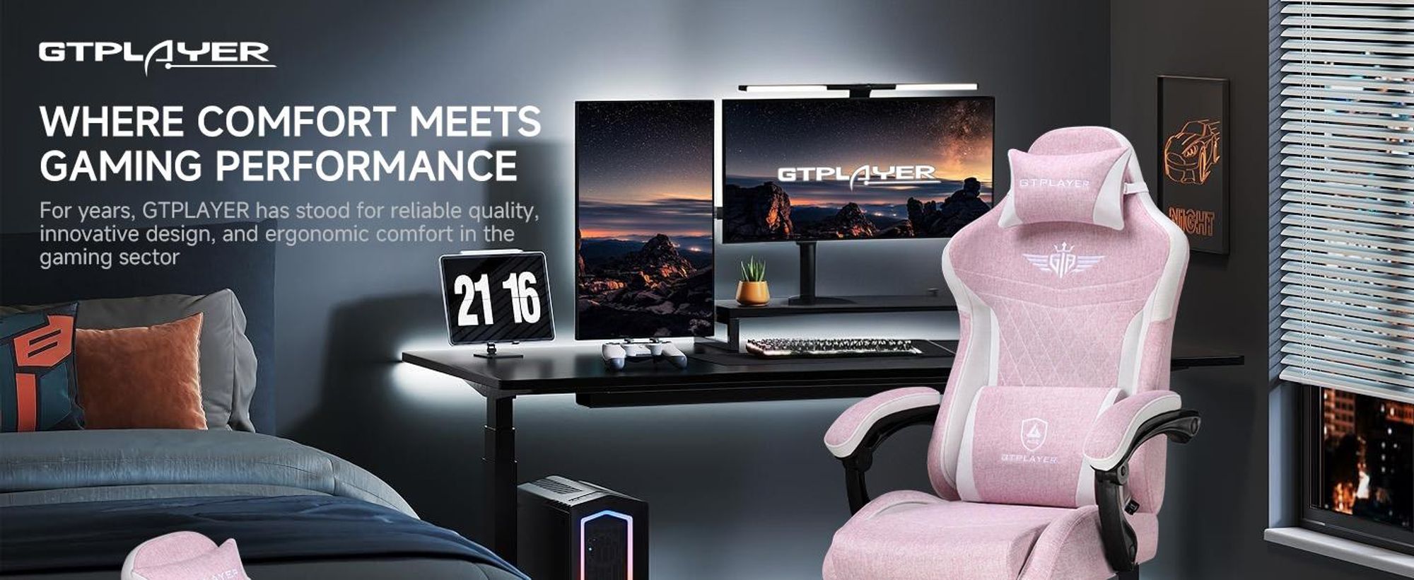 Herní židle GTPLAYER, ergonomická herní židle ze lnu s bederní opěrkou, židle k PC s rozšířeným opěradlem, nosnost až 150 kg, růžová barva