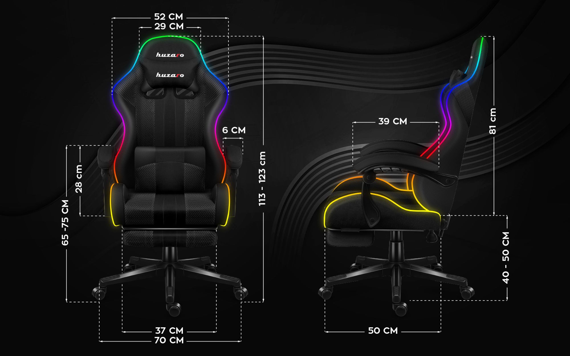 Huzaro Force 4.7 RGB | LED Gaming Stuhl Computerstuhl | 90-140° Neigungswinkel | Kopfstütze Lendenkissen Höhenverstellbar Fußstütze | 140 kg | Schwarz