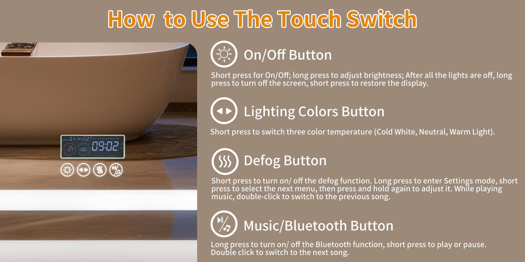 WISFOR LED Bluetooth Badezimmerspiegel-mit-Beleuchtung 120 x 70 cm Wandspiegel mit Uhr Speicherfunktion Anti-Beschlag 3 Lichtfarben