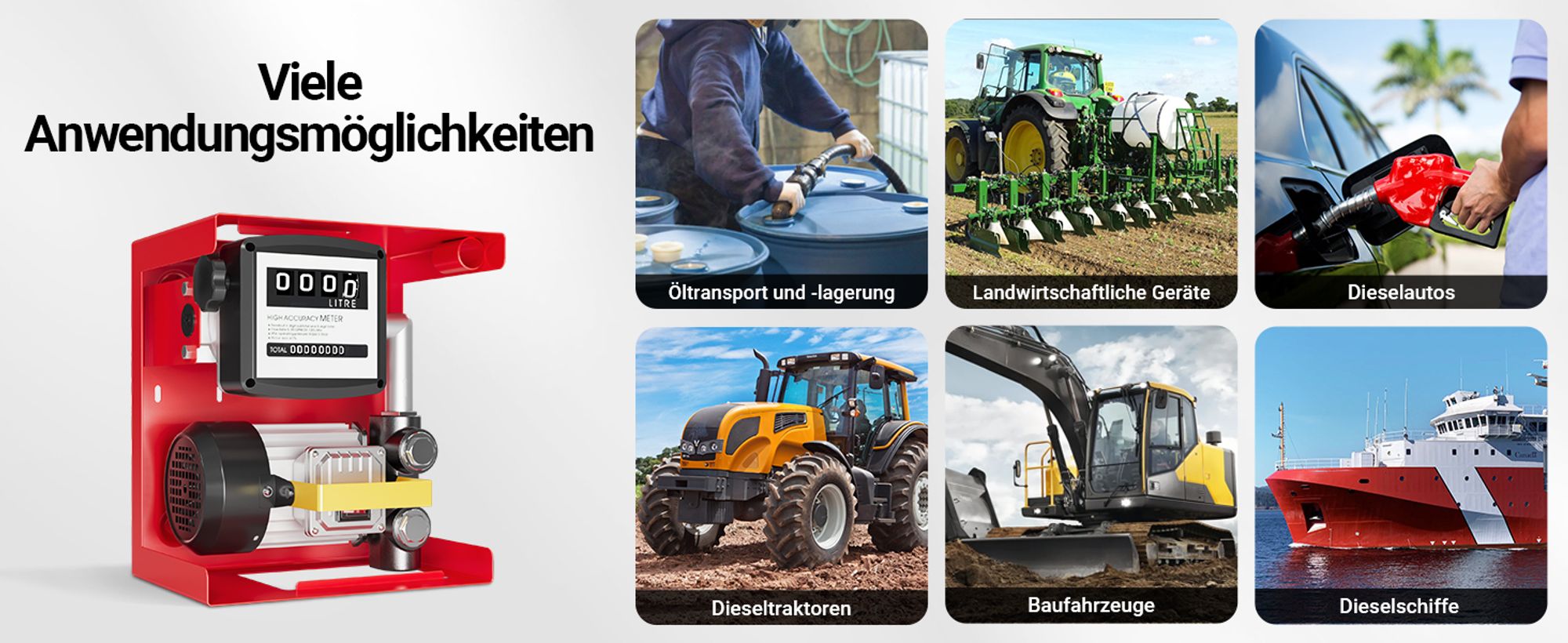 Wiltec Heizöl- und Dieselpumpe 230V/550W 20-60l/min selbstansaugend Pumpe mit automatischer Pistole, Kraftstoffpumpe, Absaugpumpe