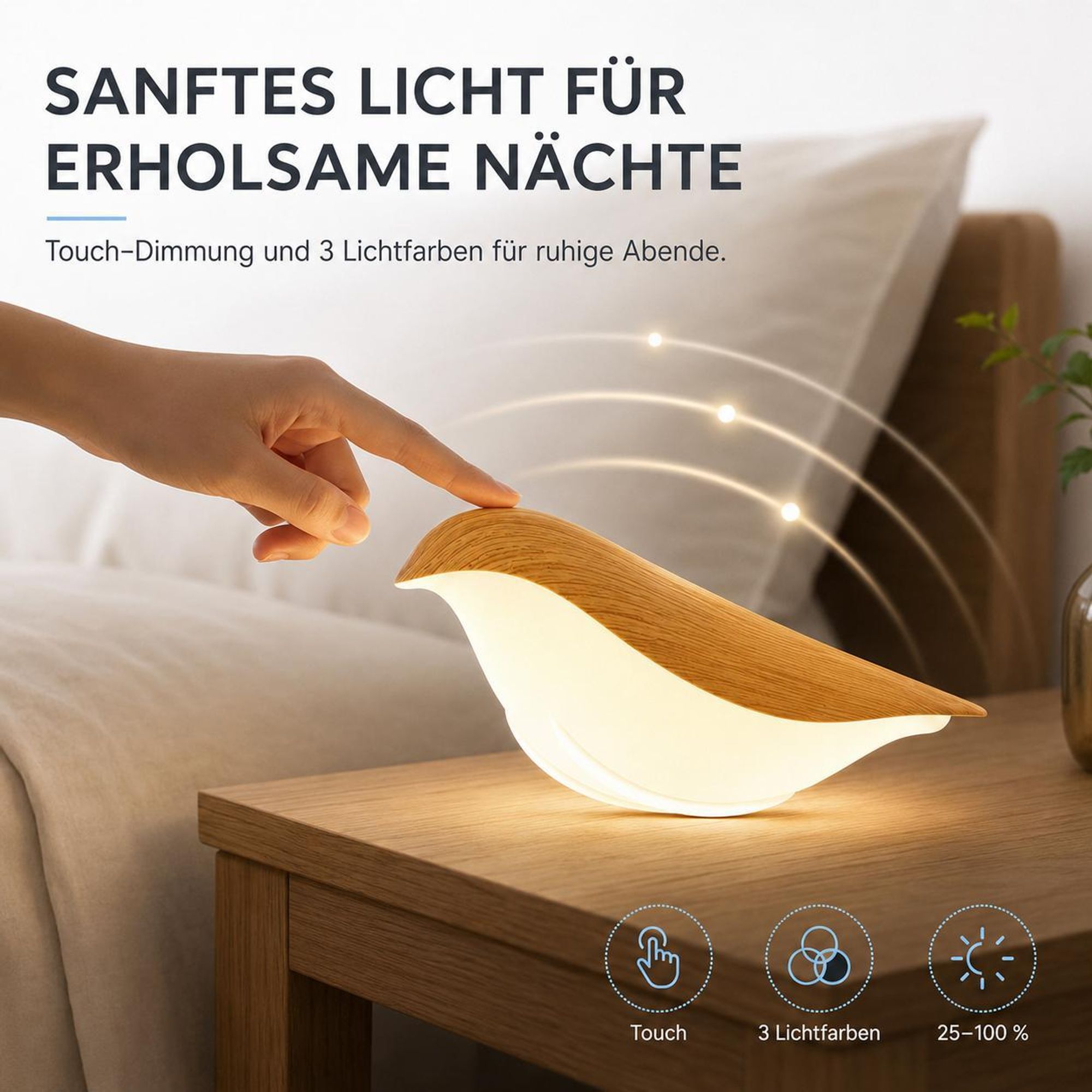 Nachtlicht USB Vogel Lampe kabellos Akku Nachttisch Lampe Touch Dimmbar Wippe Basis Abnehmbar Led Tischlampe für Schlafzimmer Balkon Geschenke Deko