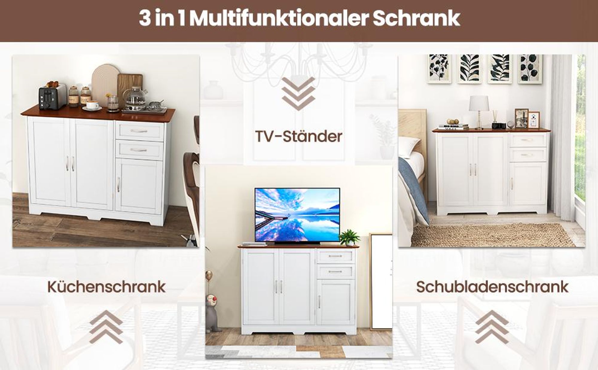 COSTWAY Sideboard Küchenschrank Weiß, Kücheninsel mit Arbeitsplatte 100×40cm Buffetschrank mit 3-Türen, 2 Schubladen & verstellbare Ablagen