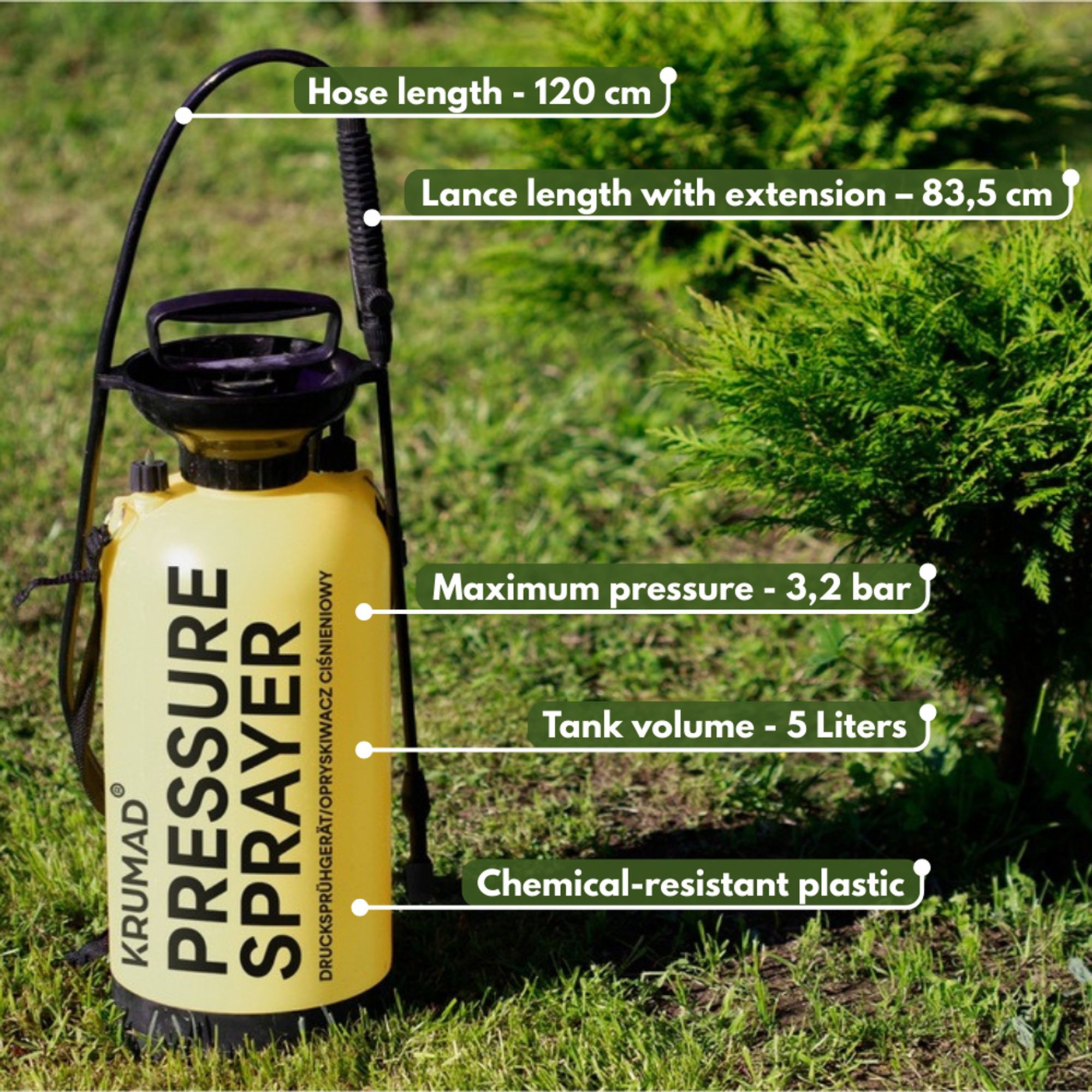 KRUMAD Drucksprüher 5L Gartenspritze mit Lanze 203,5 cm Maximaler Druck 3,2 bar Hand Drucksprühgerät für Garten Unkraut Pflanzenschutz & Reinigung