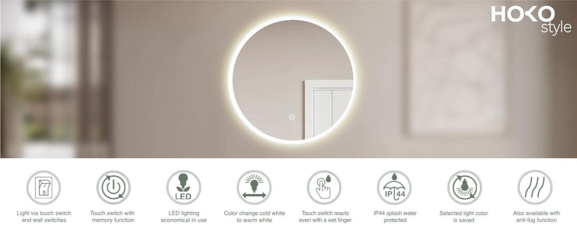 Miroir de salle de bain HOKO Design rond à LED, 60 cm, avec réglage continu de la température de couleur (2700 K-6500 K : blanc chaud - blanc froid - neutre), interrupteur tactile, fonction mémoire, IP44