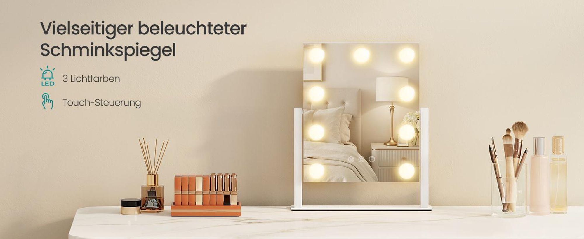 SONGMICS Make-up Spiegel mit LED-Beleuchtung, Kosmetikspiegel, Touch-Steuerung, Handyhalter, 3 Lichtfarben, 25 x 30 cm, weiß