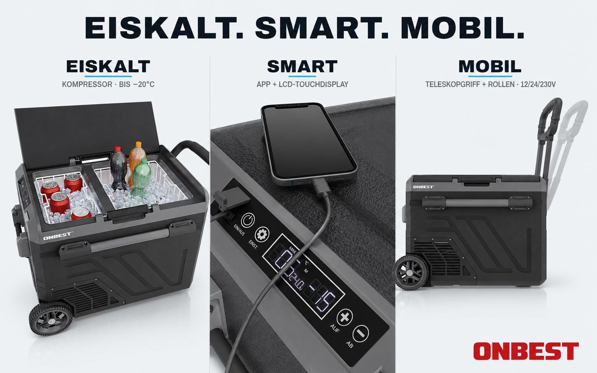 ONBEST Kompressor Kühlbox | 40L | 12V | 230V | mit App-Steuerung | Touchdisplay | Rollen | USB-Anschlüsse | LED | 4 x Trinkbecher