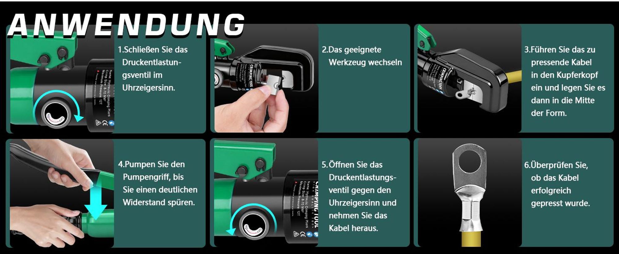 12T/120KN Hydraulische Crimpzange 4–70mm² mit 9 Crimpeinsätzen, Kabelschere und Werkzeugkasten, Drahtmesser für Haushalt, Auto, Industrie, Grün