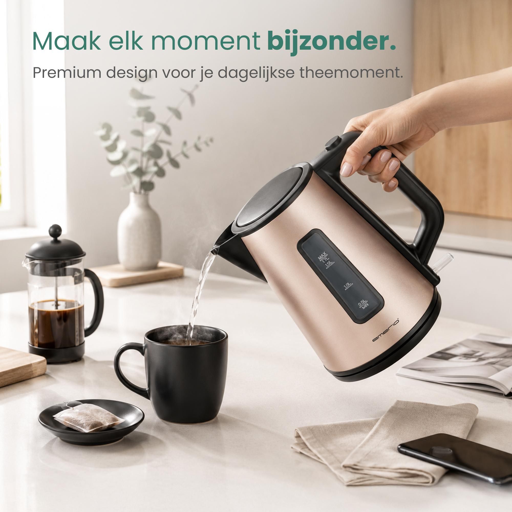 Emerio Waterkoker WK-122829 – 1,7 Liter – 2200 W – Cool Touch – Automatische Uitschakeling – RVS/Zwart