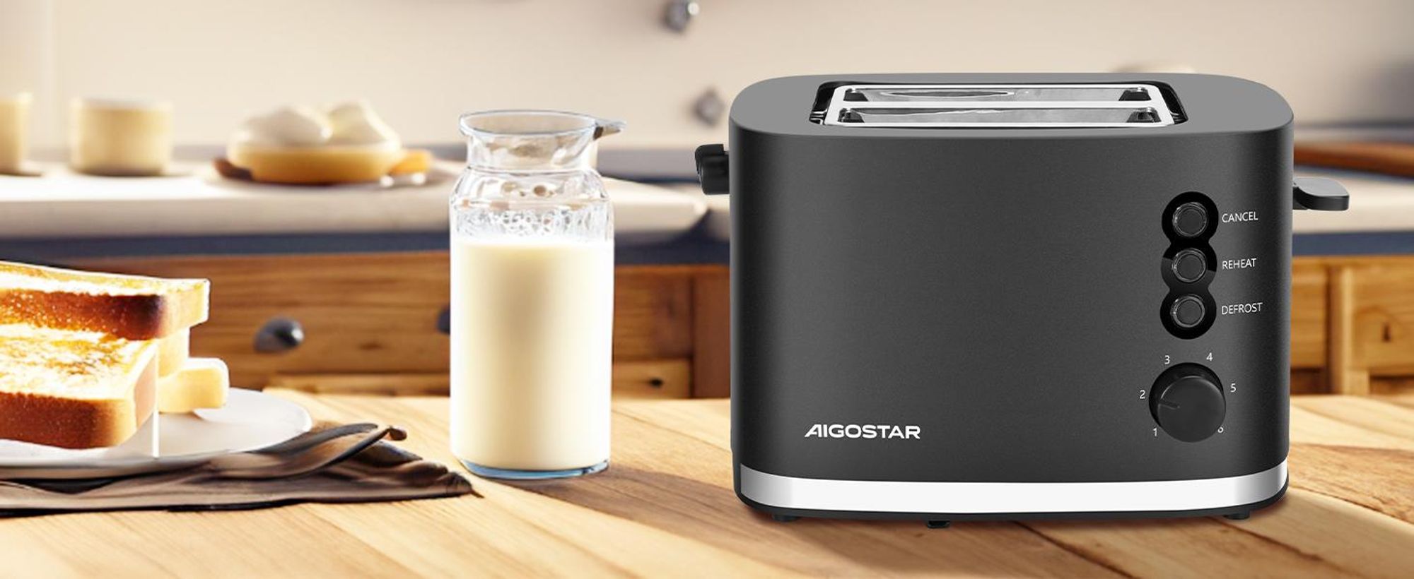 Aigostar - Toaster 2 Scheiben, extra breite Toastschlitze, 6 Bräunungsstufen,800W
