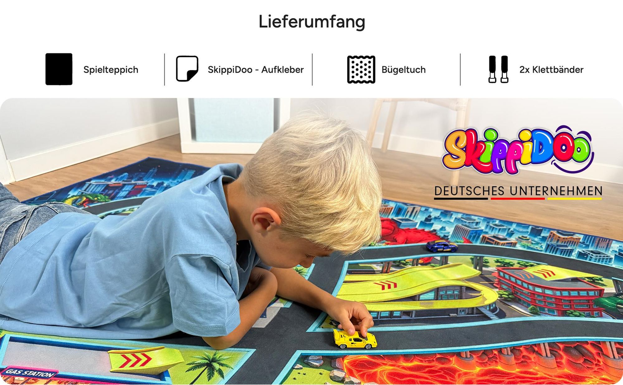 SkippiDoo Straßenteppich – Monster City XL – Spielteppich 200 x 140 cm, Autoteppich mit Breiten Straßen & großen Parkplätzen, Rutschfest