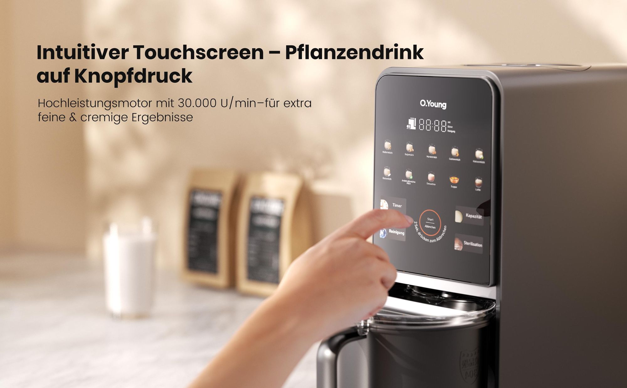O.Young Pflanzendrink Maker Selbstreinigend,Hochleistungs Standmixer für Veganer Drink, Nussdrink, Suppen & Smoothies,Starker Motor & Heizfunktion