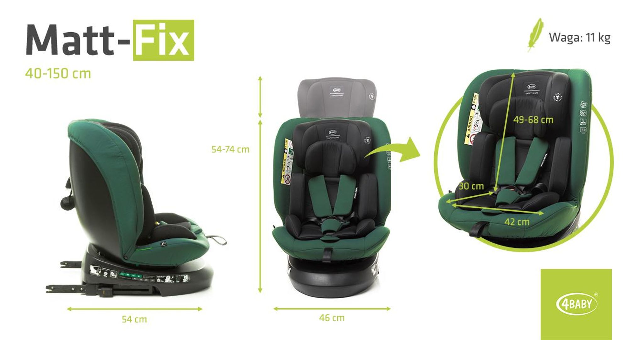 4BABY Kindersitz drehbar 360 ISOFIX Matt-Fix I-SIZE verstellbare Kopfstütze Sitz 0-36kg, 40-150 cm DarkGreen