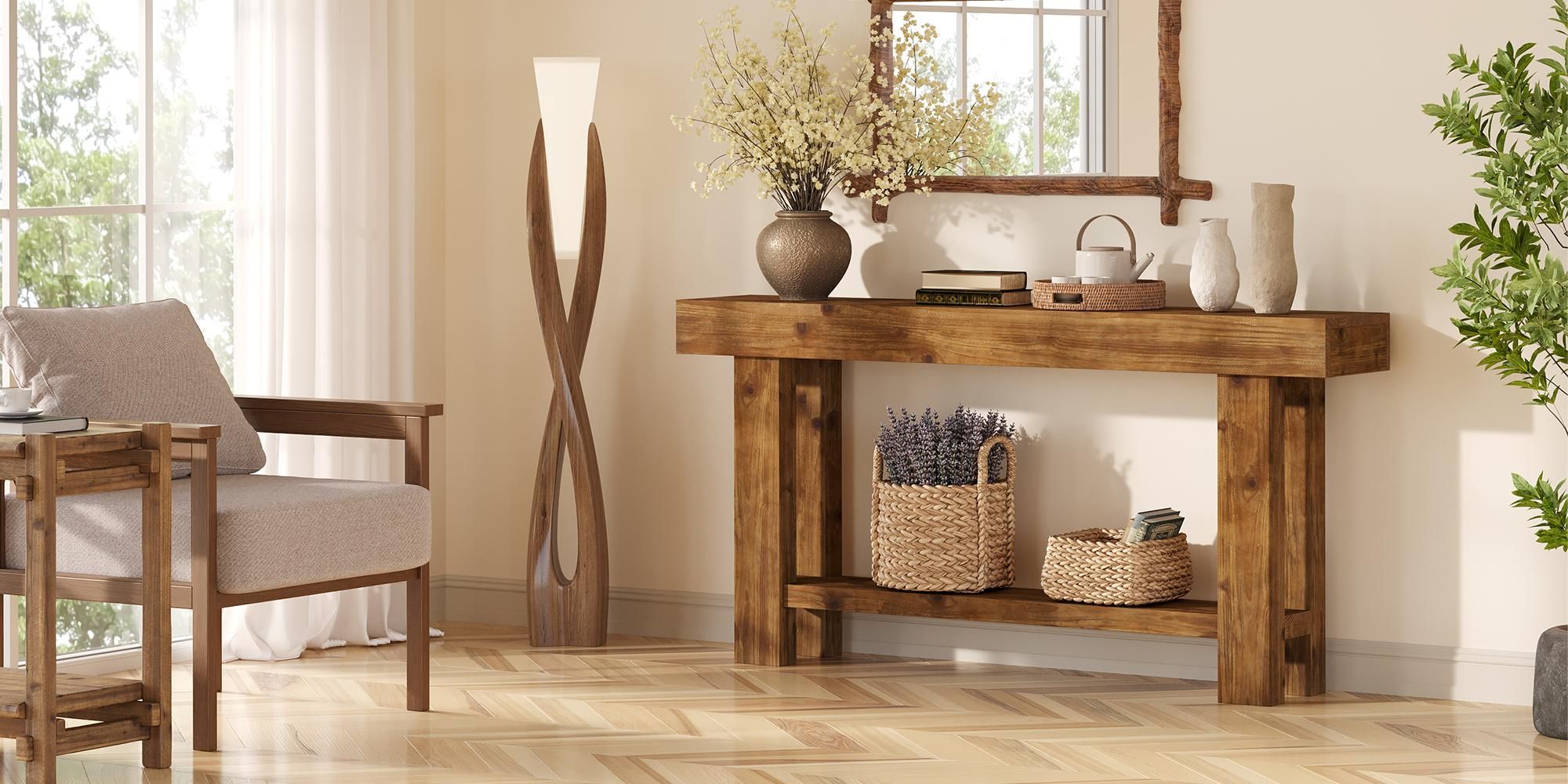 160 cm Konsolentisch aus Massivholz, schmaler Landhaus-Sofatisch mit 2 Ablageflächen, für Wohnzimmer, Flur, Eingangsbereich, Foyer, rustikales Braun
