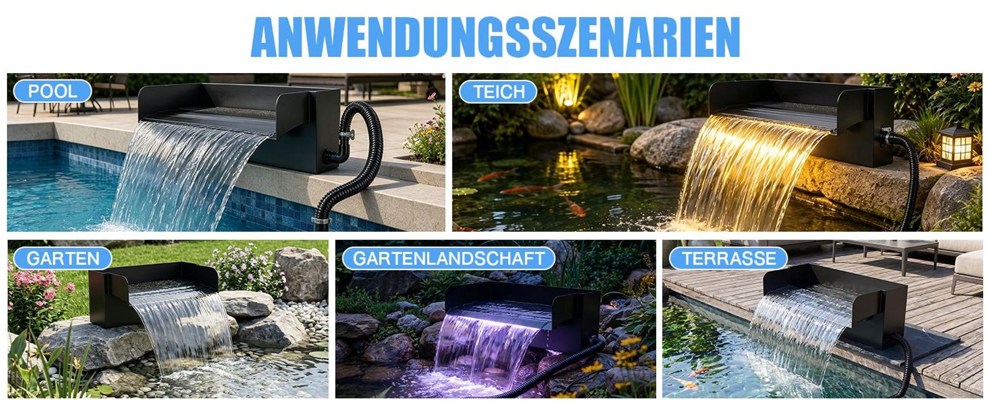 LED Pool Wasserfall mit UVC-Lampe & RGB Wasserspiel 3000L/H Teichpumpe mit Filter 31cm Edelstahl Teichwasserfall für Terrasse Bachläufe Gartenteiche