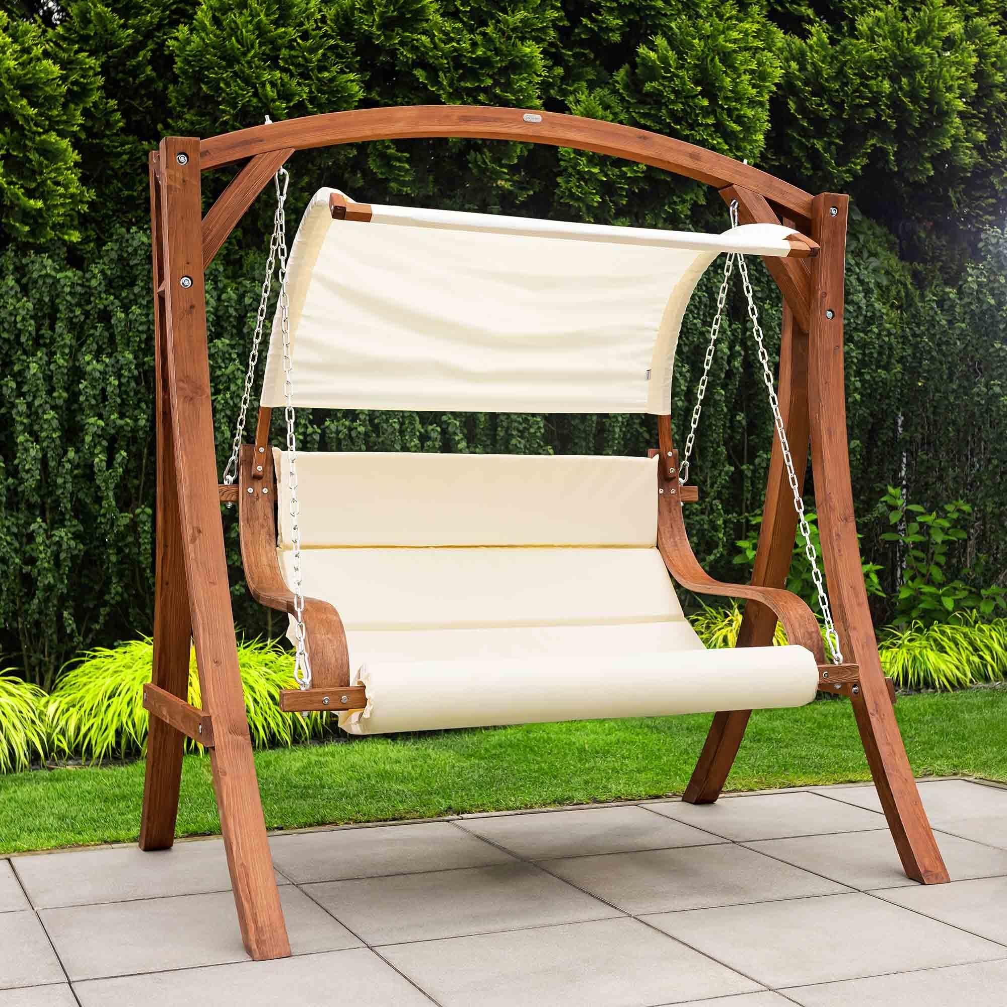 di volio Hollywoodschaukel Pergia creme, Gartenschaukel aus Holz, Outdoor Hängesessel mit Gestell für 2 Personen, mit Sonnendach, wetterfest & robust