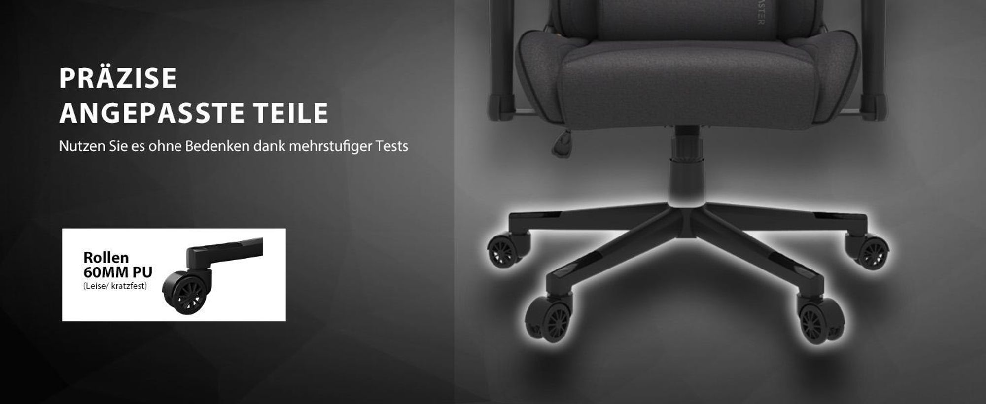 SENSE7 Spellcaster Gaming Stuhl Stoff Schwarz-Grau - Ergonomischer Bürostuhl PC Schreibtischstuhl Zockerstuhl 150kg 2D-Armlehnen 160° Chefsessel