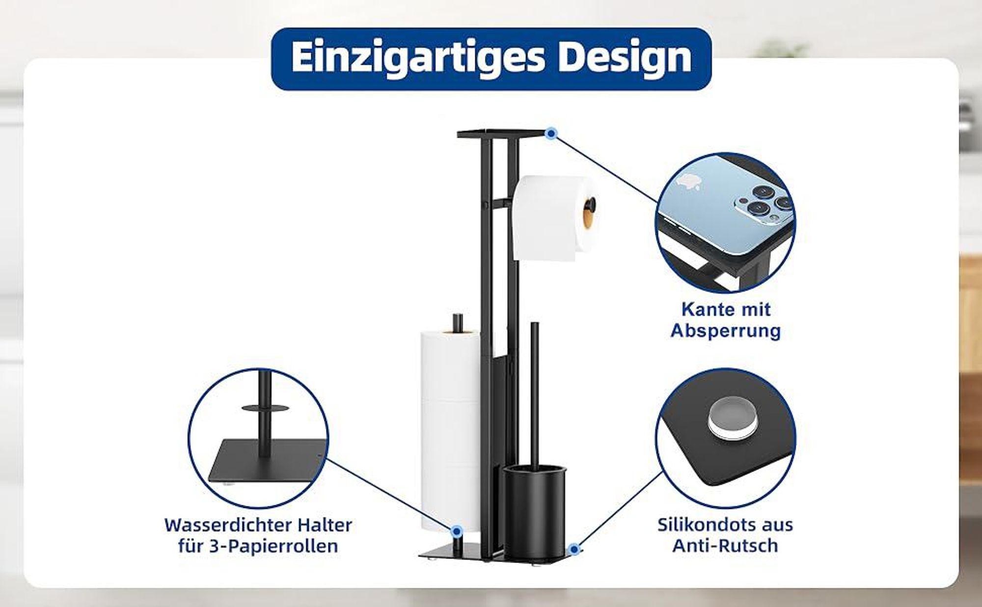 Toilettenpapierhalter, Klopapierhalter, 4-in-1 WC-Rollenhalter, stehender Ersatzrollenhalt, mit Tablett, WC Bürste, Klorollenhalter