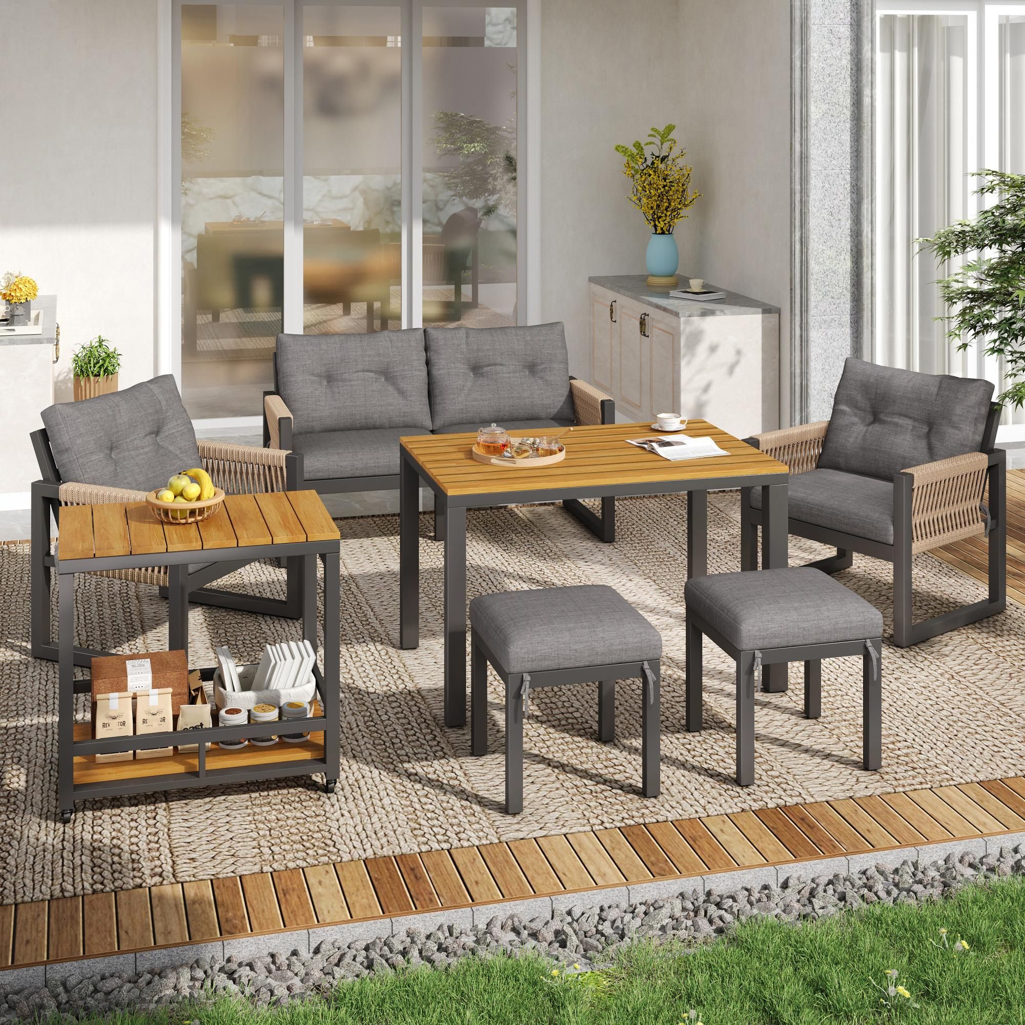 Flieks Gartenmöbel-Sets 6-tlg., Gartenmöbelset mit abnehmbarem Couchtisch, Gartensofa mit Stuhl & Hocker, Balkonmöbelset 6 Personen Seil, Grau
