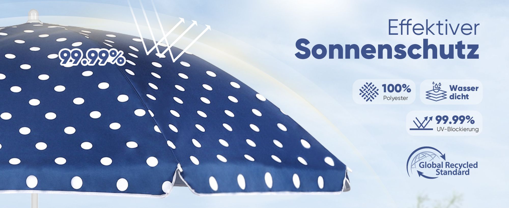 Sekey Sonnenschirm Rund Ø 160 cm Terrassen Gartenschirm Strandschirm mit kurbel & Schutzhülle Neigungswinkel und Höhe verstellbar, Blau-weiß gepunktet