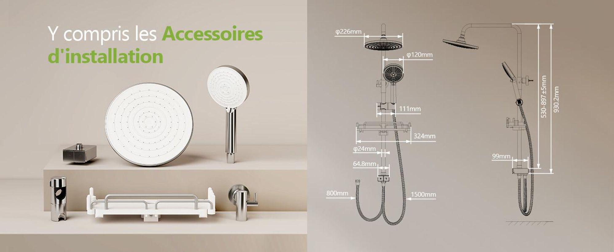 S'AFIELINA Colonne de douche sans robinetterie Système de douche avec 3 jets Douche à main et douche de tête Etagère escamotable Réglable en hauteur