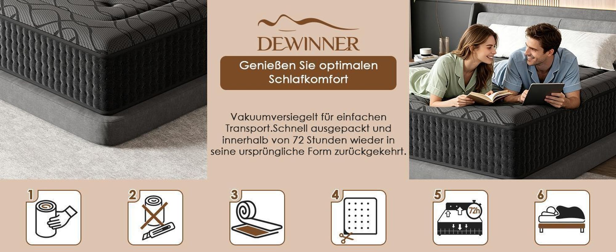 DEWINNER, Matratze Geräuschlose 120x200, Höhe 28 cm, Gedächtnisschaum, Hautfreundliches Graues Obermaterial, Fester Komfort, Atmungsaktiv, 7 Zonen