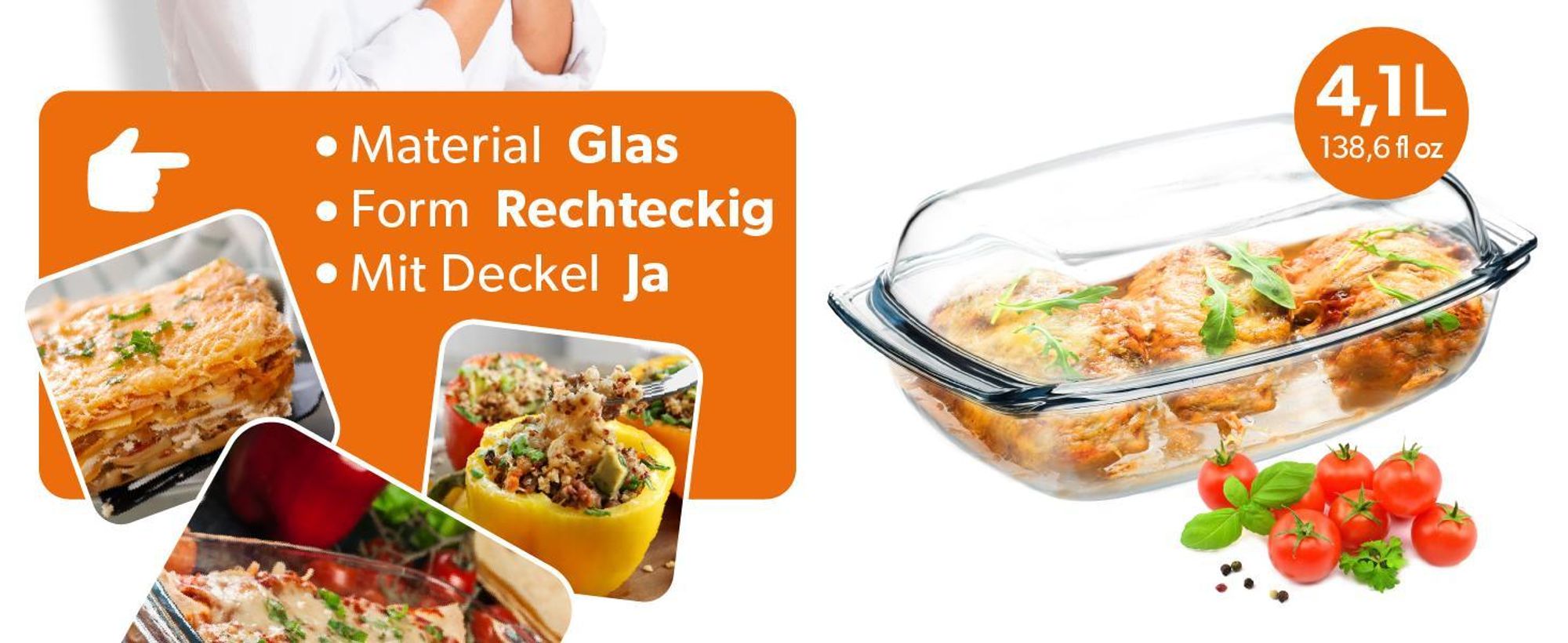 KADAX Auflaufform aus hitzebeständigem Glas „Backe", feuerfestes Gefäß, Glasbräter 4.1L