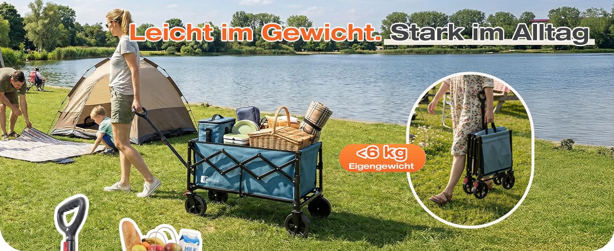 SUNULA Bollerwagen Faltbar Klein 80L 100KG, Klappbarer Handwagen Einkaufen, Blau