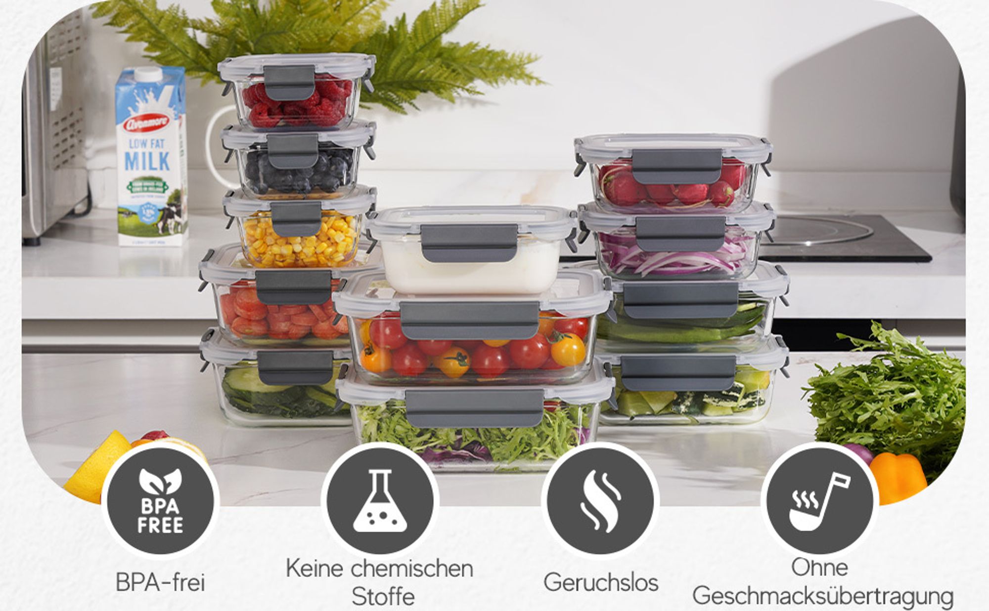 Meisterhome® Frischhaltedosen Glas - Ofenschalen Set – Mit Deckel - Aufbewahrungsbox - Ofen – Meal Prep Behälter - 12-teiliges Set - Luftdicht - Frischhaltedose aus Glas - BPA-frei  Spülmaschinen-, Mikrowellen-, und Gefriergeeignet
