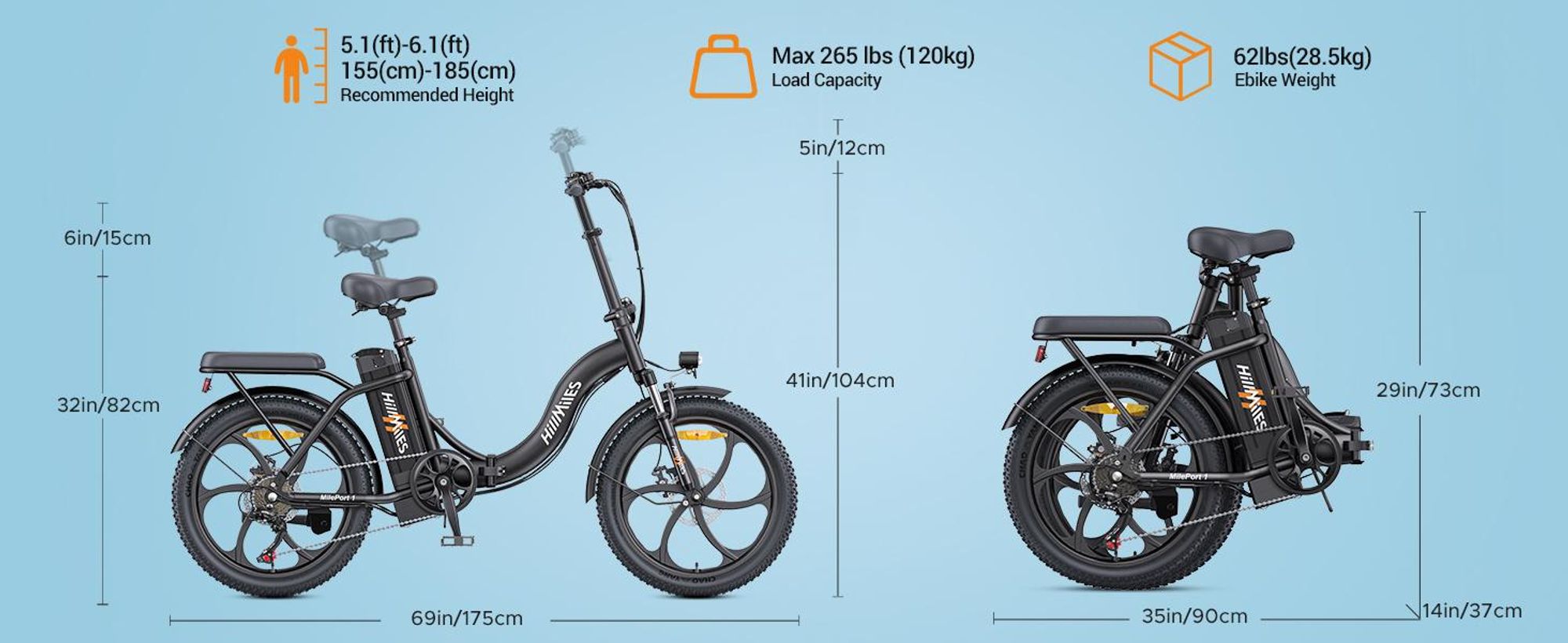 HillMiles E Bike, E-bike skladací bicykel s 36V 13Ah batériou do 80-100km, 20 * 3,0 palca, 7-rýchlostný SHIMANO, 250W motor a 25km/h MilePort 1