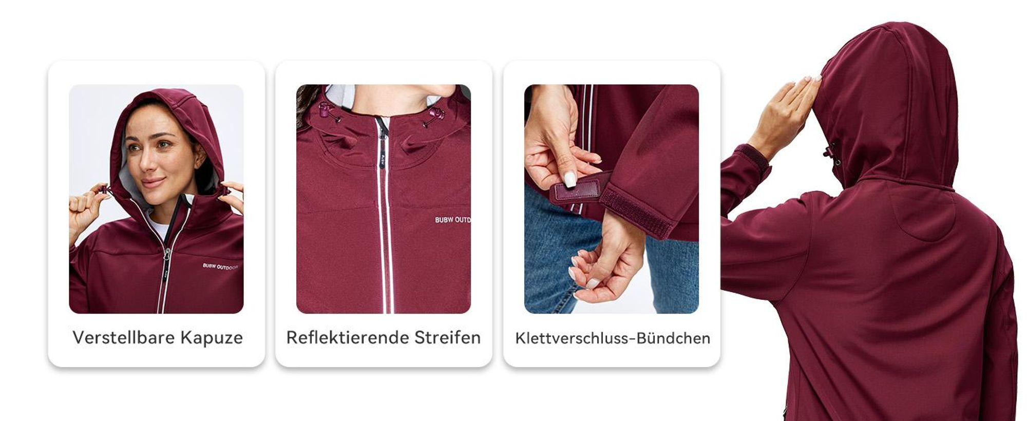 BUBW Damen Softshelljacke wasser- und winddicht mit Kapuze Gefütterte Outdoor-Jacke mit Reflexstreifen Verstellbare Manschetten