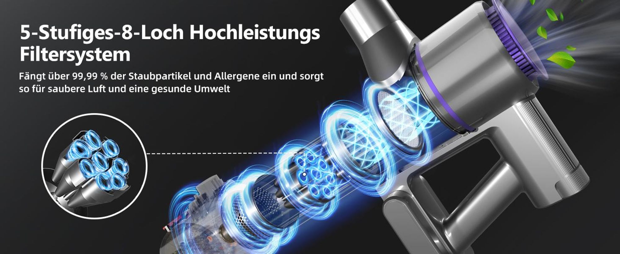 Portreen Akku Staubsauger,HEPAx4, 40000Pa Staubsauger kabellos,50 Min,Haushalte mit Haustieren ,kabelloser Staubsauger,Anti-Tangle-Staubsauger