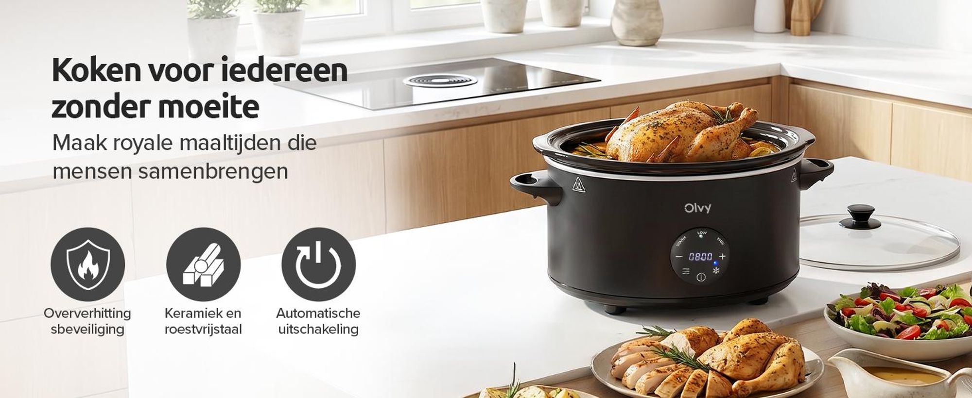 Olvy digitale slowcooker met timer – 6 liter slowcooker – pan van keramiek – inclusief kookboek