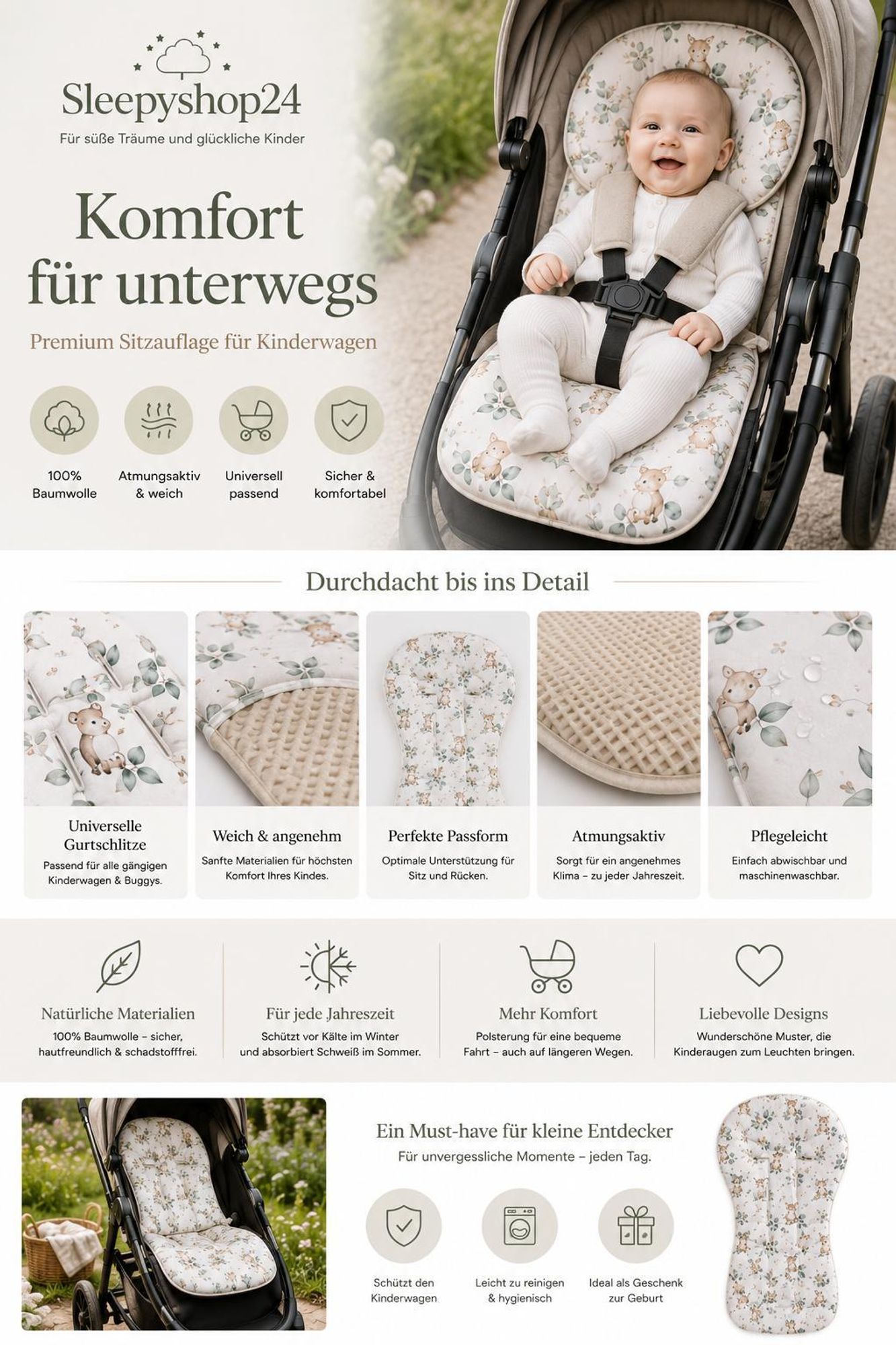 Buggy-Einlage Grau für Kinder | Universal Kinderwagenmatte inkl. Schockabsorbierendem Kissen |  Baumwolle