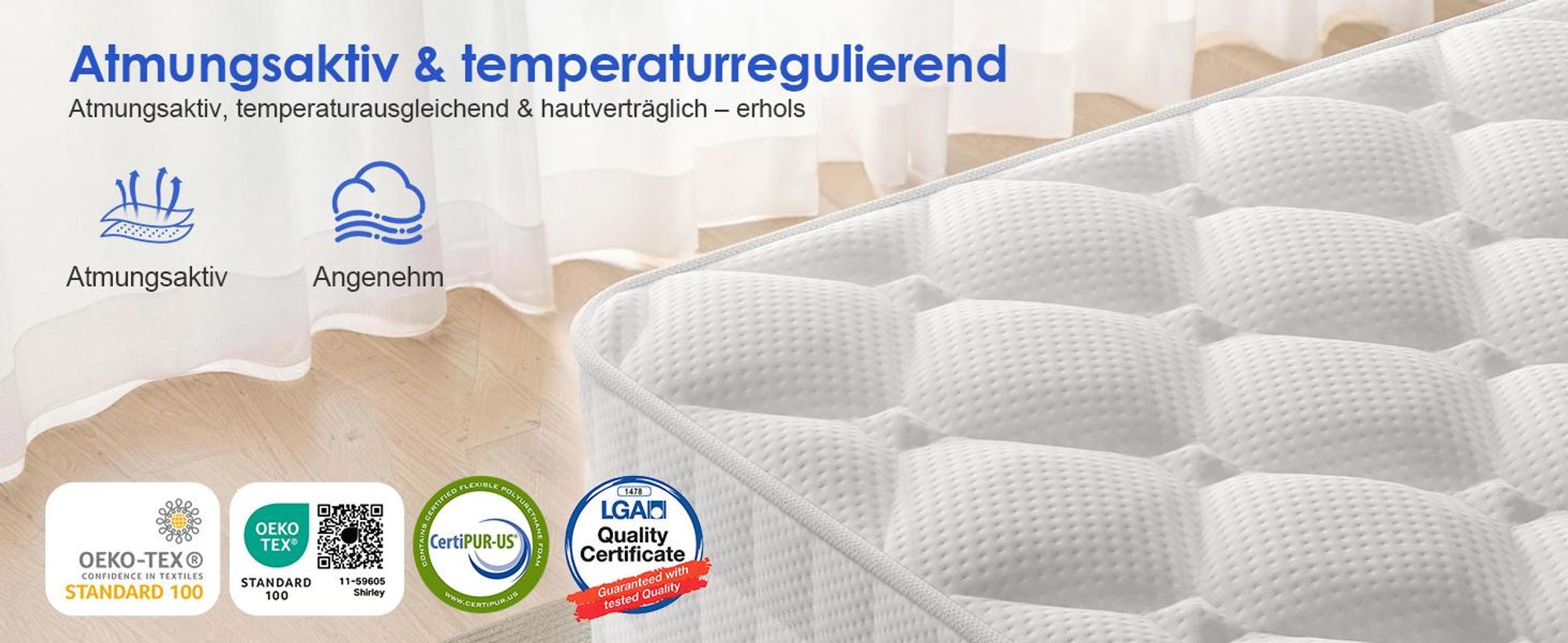 Hiazurm Matratze 140x200 cm, 7-Zonen Federkernmatratze mit Spannbettlaken, Höhe 22cm, H3, Taschenfederkernmatratze, Premium Taschenfederkern