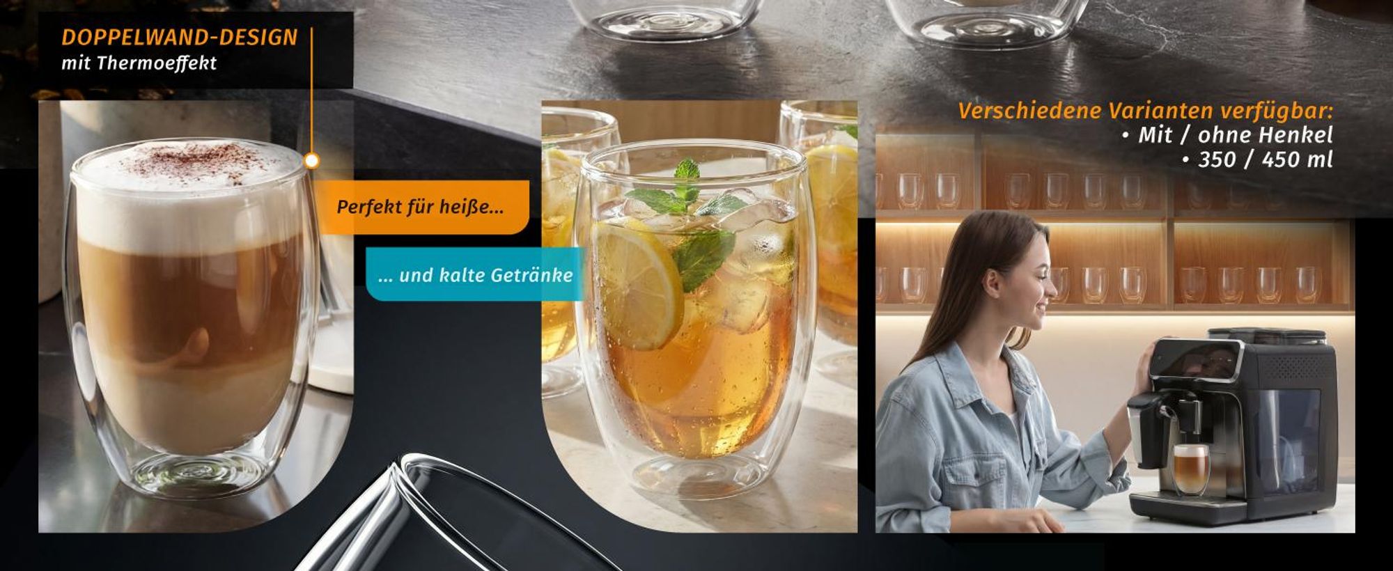 Arendo doppelwandige Gläser, Thermogläser, 2er Set, hitzebeständige Latte Macchiato-Gläser & Kaffeegläser Teeglas, Espresso, Cappuccino, 350ml