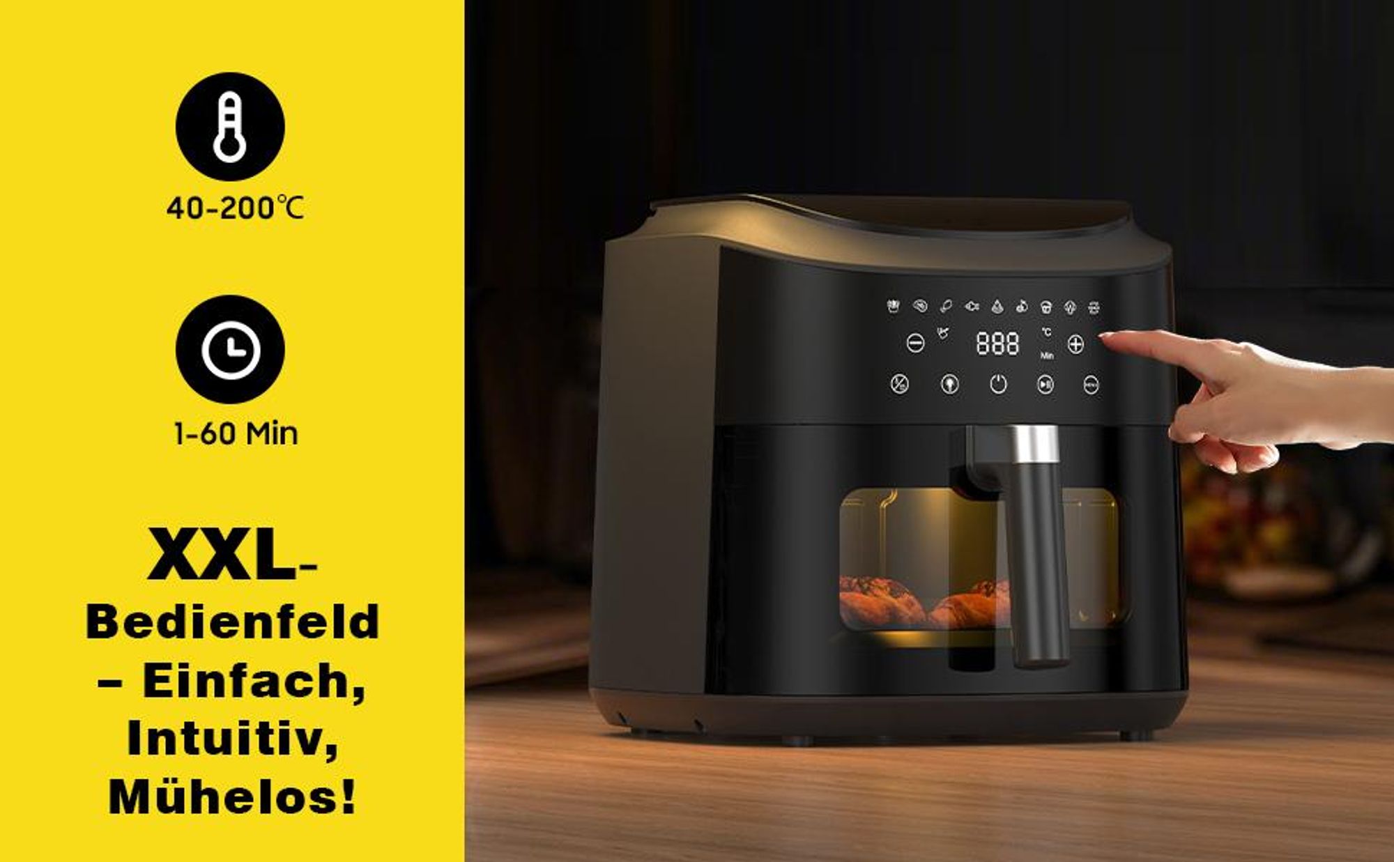 Heißluftfritteuse-Airfryer 9L mit Touch Controls, 9 voreingestellten Programmen, 2350 W, Sichtfenster mit Beleuchtung, Antihaft-Fritteuse, Schwarz