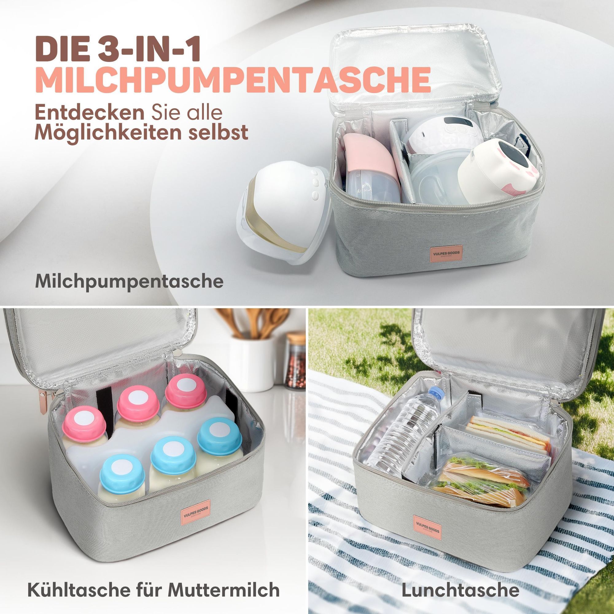 Vulpes Goods Kühltasche für Muttermilch & Babynahrung, Kühltasche mit Kühlakkus, Picknicktasche, Baby-Aufbewahrungstasche, hält bis zu 12 Stunden kühl