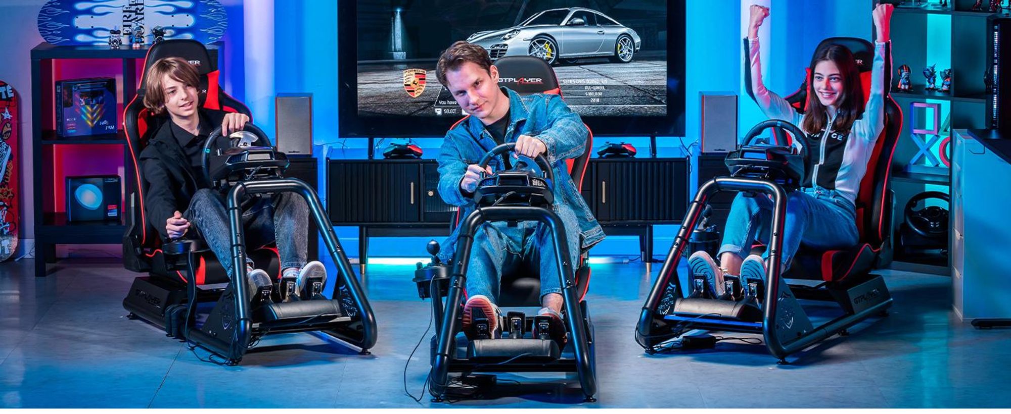 GTPLAYER simulateur de cockpit, SIM racing cockpit, simulateur de course support de volant fauteuil gaming racing wheel stand avec haut-parleur bluetooth et repose pédale