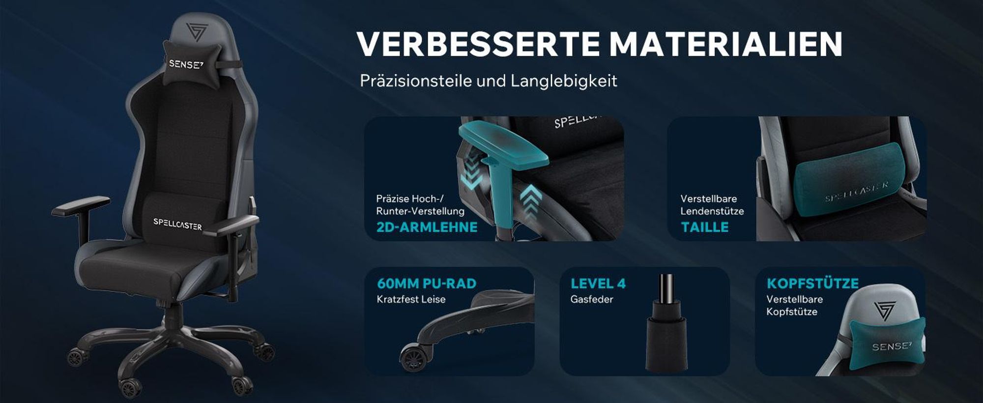 Sense7 Spellcaster FUKU Gamingstuhl, Gaming Sessel, Bürostuhl, Ergonomisch Schreibtischstuhl, Drehstuhl mit Kopfstützen bis zu 120 kg, Stoff, Schwarz