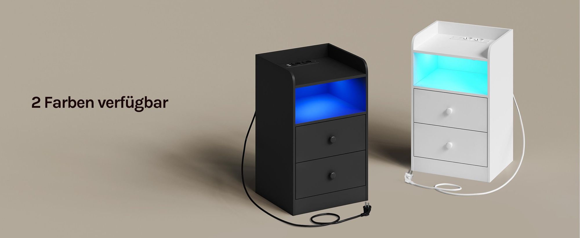 WOLTU Nachttisch Nachtschrank, Ladefunktion LED-Licht, 2 Steckdosen 2 USB, Holz, Schwarz