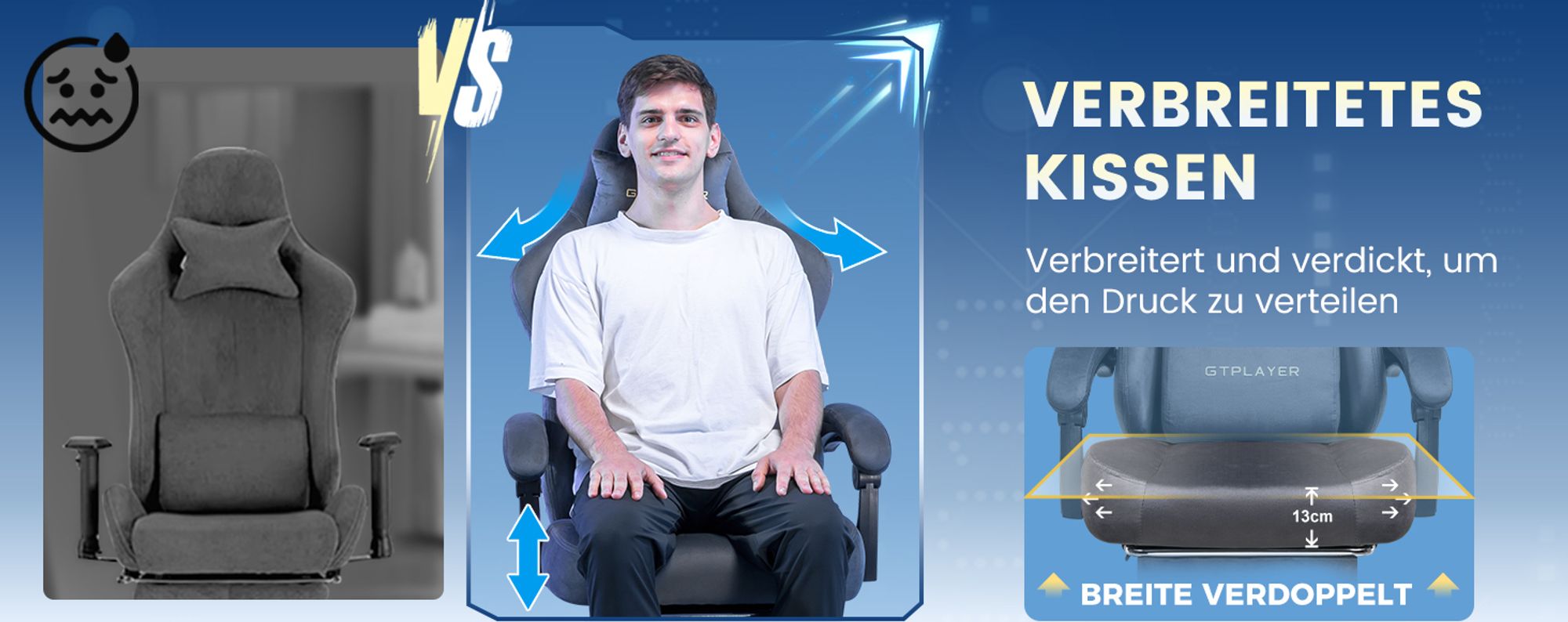 GTPLAYER Gaming Stuhl Ergonomischer Gaming Sessel Schreibtischstuhl Bürostuhl mit Stoffoberfläche Federsitzkissen, Verbindungsarmlehnen, mit Fußstütze