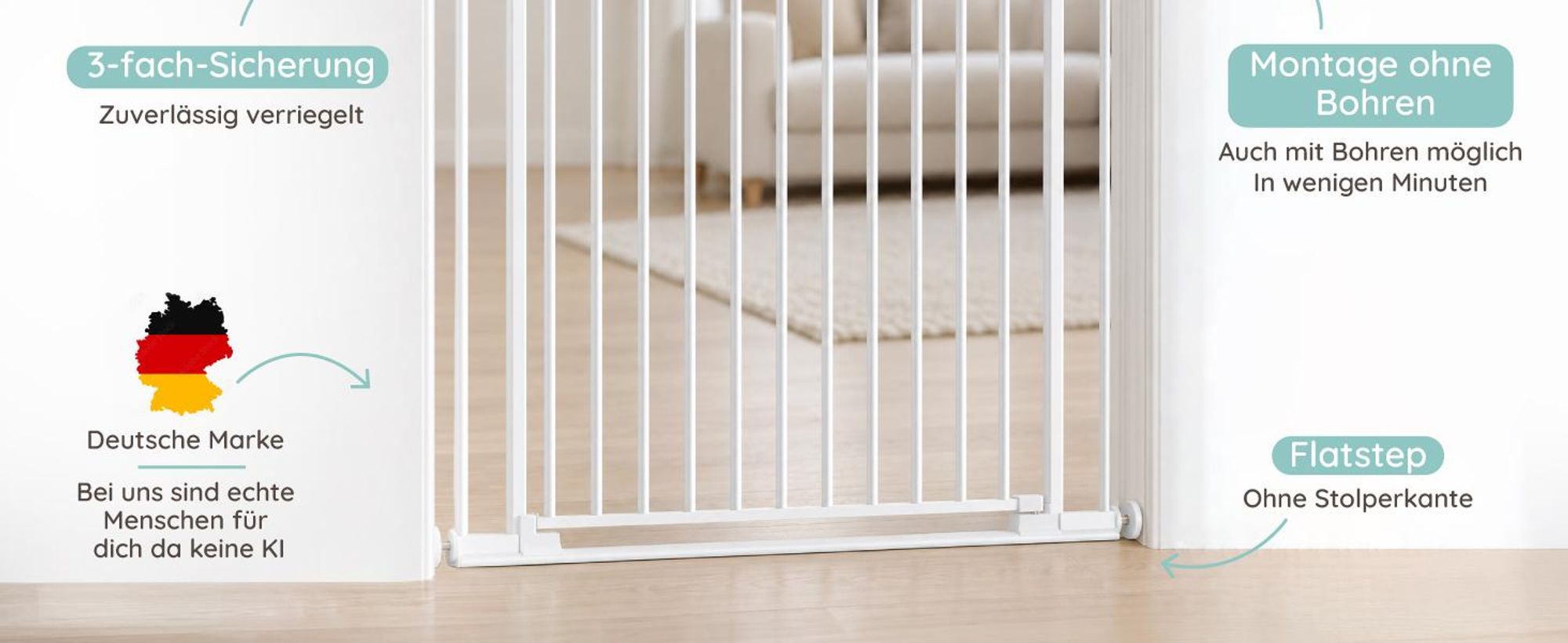 Mivio Nala Türschutzgitter 90–98 cm Weiß | Treppenschutzgitter ohne Bohren | Kinderschutzgitter Flatstep Auto-Close | Hundegitter