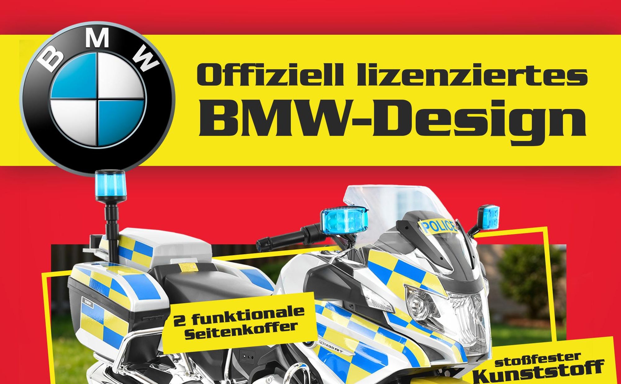 HECHT Kinder Motorrad | BMW R1200RT Polizei | bis 6km/h | 35W | mit Stützräder | Koffer | Radio | Blaulicht | Sirene